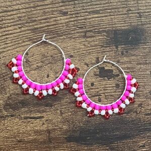 Pink and Red Beaded Hoop Earrings